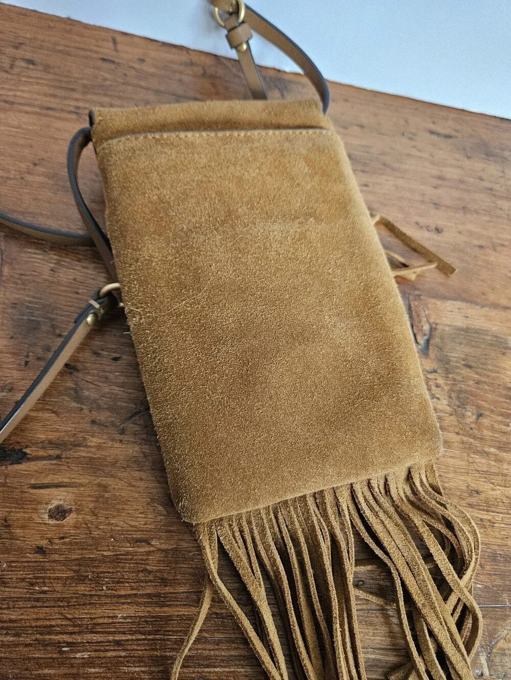 Tory Burch Farrah Suede Fringe Crossbody Phone Bag Pouch Purse Brown